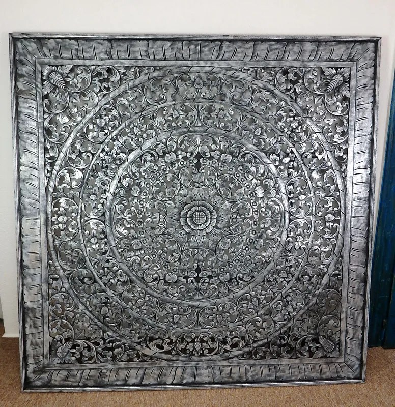 Dekorácia na stenu MANDALA, strieborná čierna, drevo, ručná práca 160x160cm