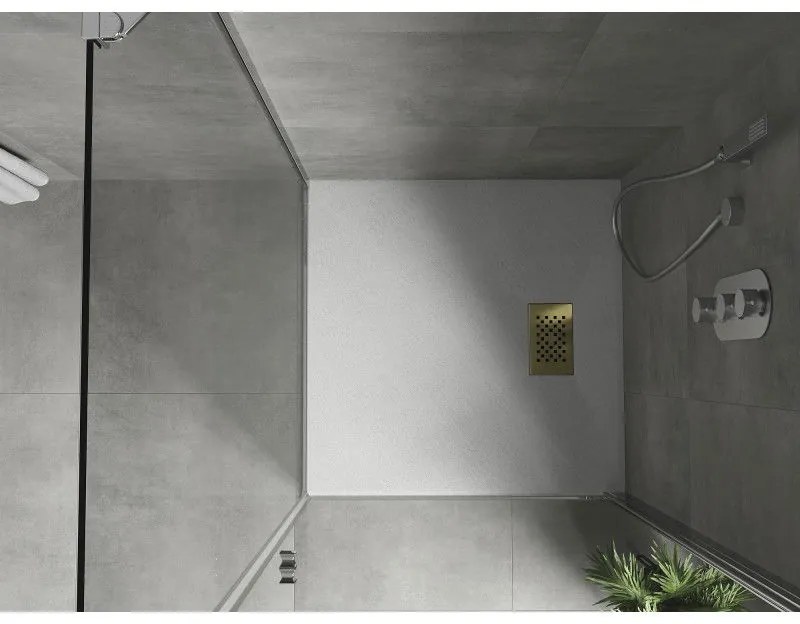 Mexen Hugo, štvorcová sprchová vanička SMC 70 x 70 cm, biela, zlatá krytka, 42107070-G