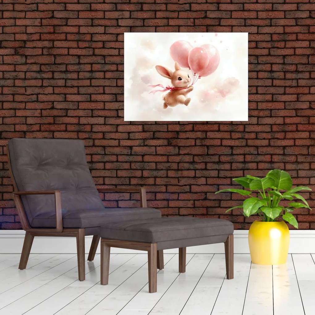 Sklenený obraz - Zajačik s balónikmi (70x50 cm)