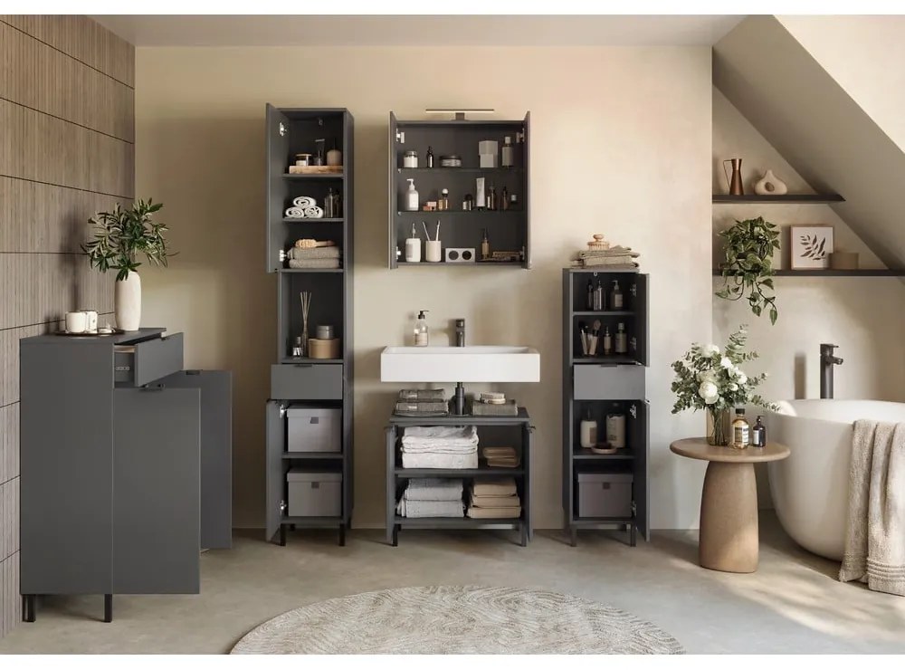 Antracitová vysoká/úzka kúpeľňová skrinka 30x120 cm Arcena – Germania