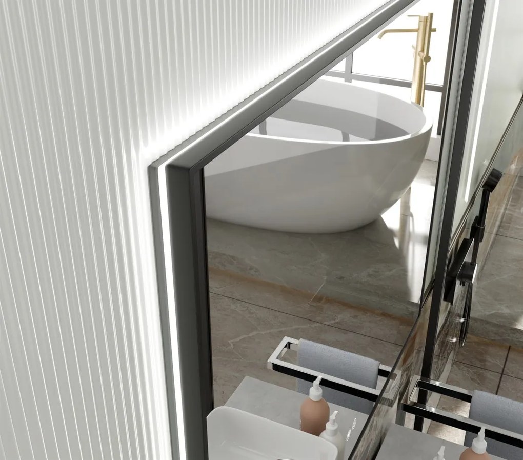 Erga Megan, LED zrkadlo 50x70cm v čiernom ráme, 1840 lm, 3 farby svetla, zadné osvetlenie, ERG-V01-MEGAN-5070-BK