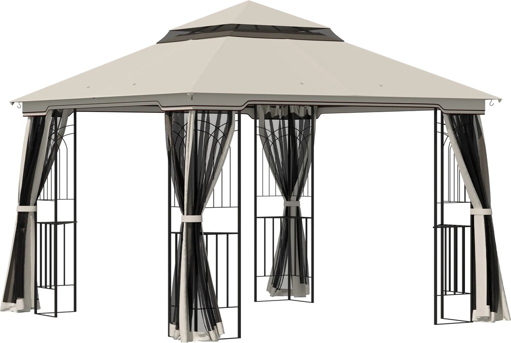 Záhradný pavilón Outsunny s dvojitým strechou, záhradný stan s 4 bočnými stenami, kovový+polyesterový, bežový, 2,99 x 2,99 x 2,74 m | Aosom