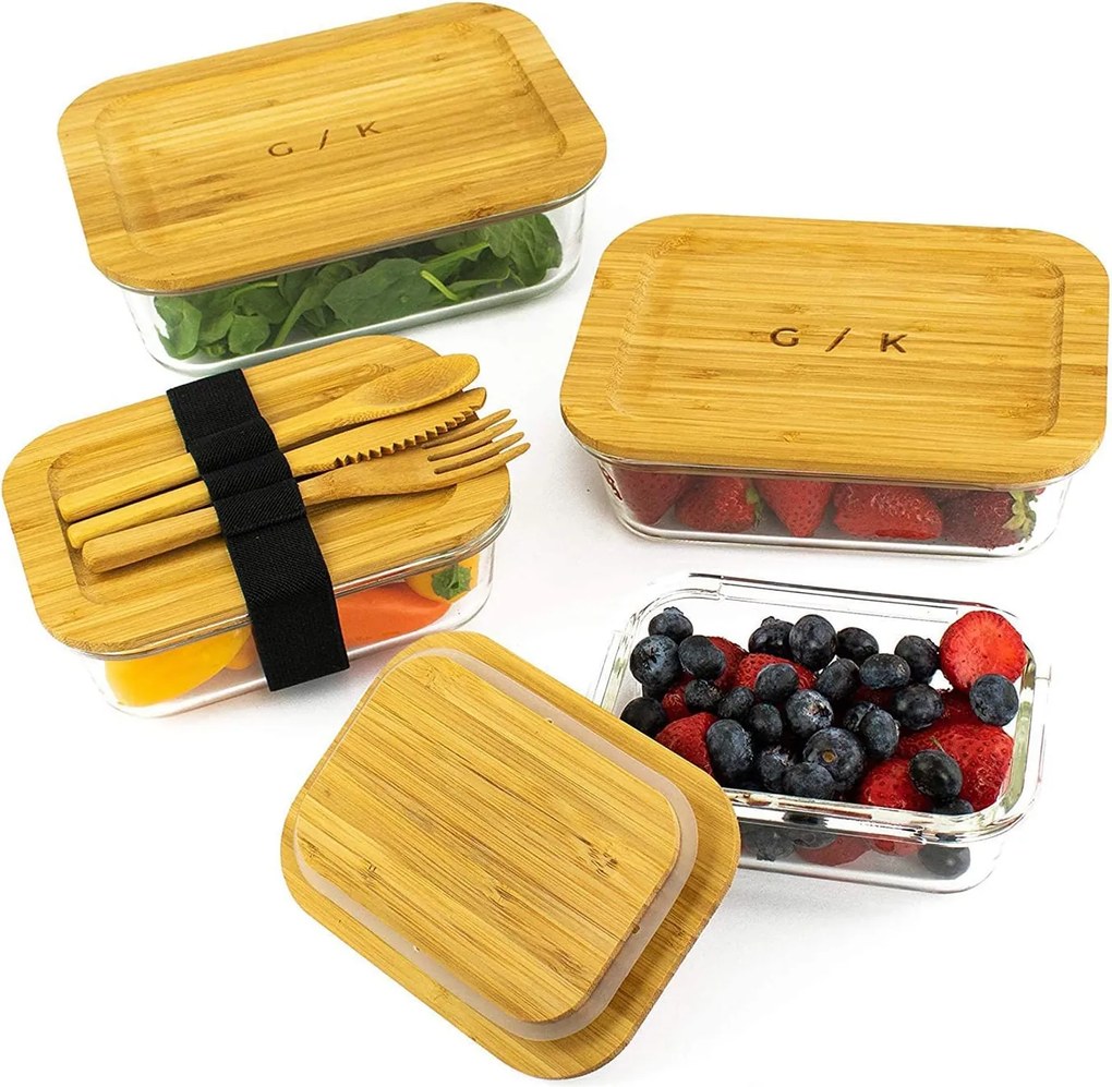 Gramercy Sada dóz na čerstvé potraviny, 4 veľkosti, borosilikátové sklo, bambusové viečka, stohovateľné