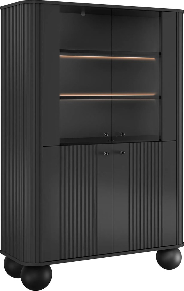 Vitrína Vesper 103 cm štvordverová - čierna / čierne úchytky / guľaté nohy