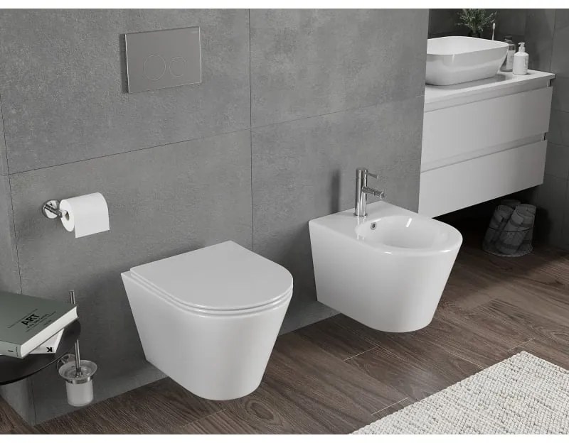 Mexen Rico, závesná WC misa 490x360x370 mm, Rimless Tornádo + WC sedadlo z duroplastu, biela lesklá, 30720400T