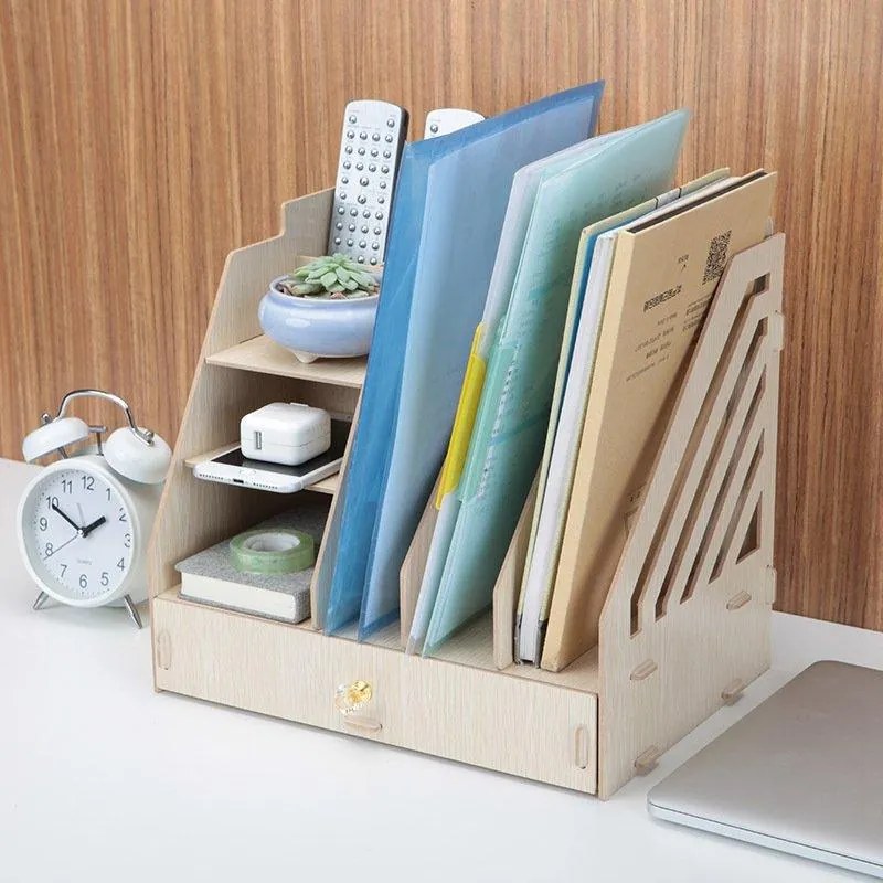 Drevený kancelársky organizér na dokumenty A4 so širokou zásuvkou svetlé drevo/dub DIY QS207