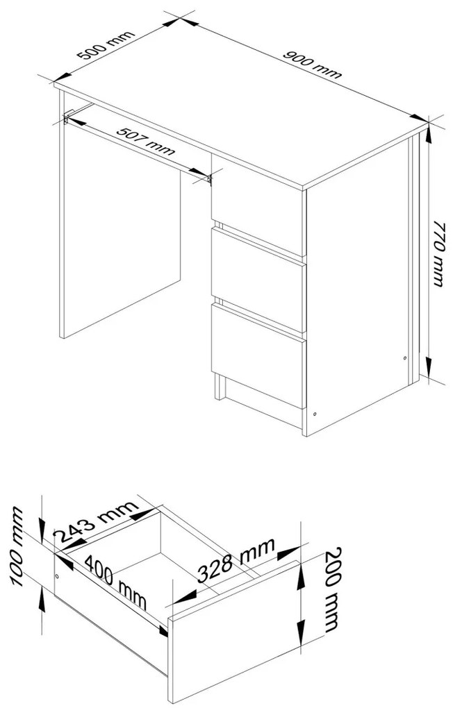 Písací stôl A-6 90 cm biely pravý