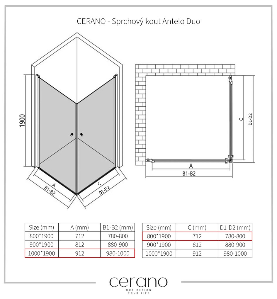 CERANO - Sprchovací kút Antelo Duo L/P - čierna matná, transparentné sklo - 100x80 cm - krídlový, CER-CER-480400