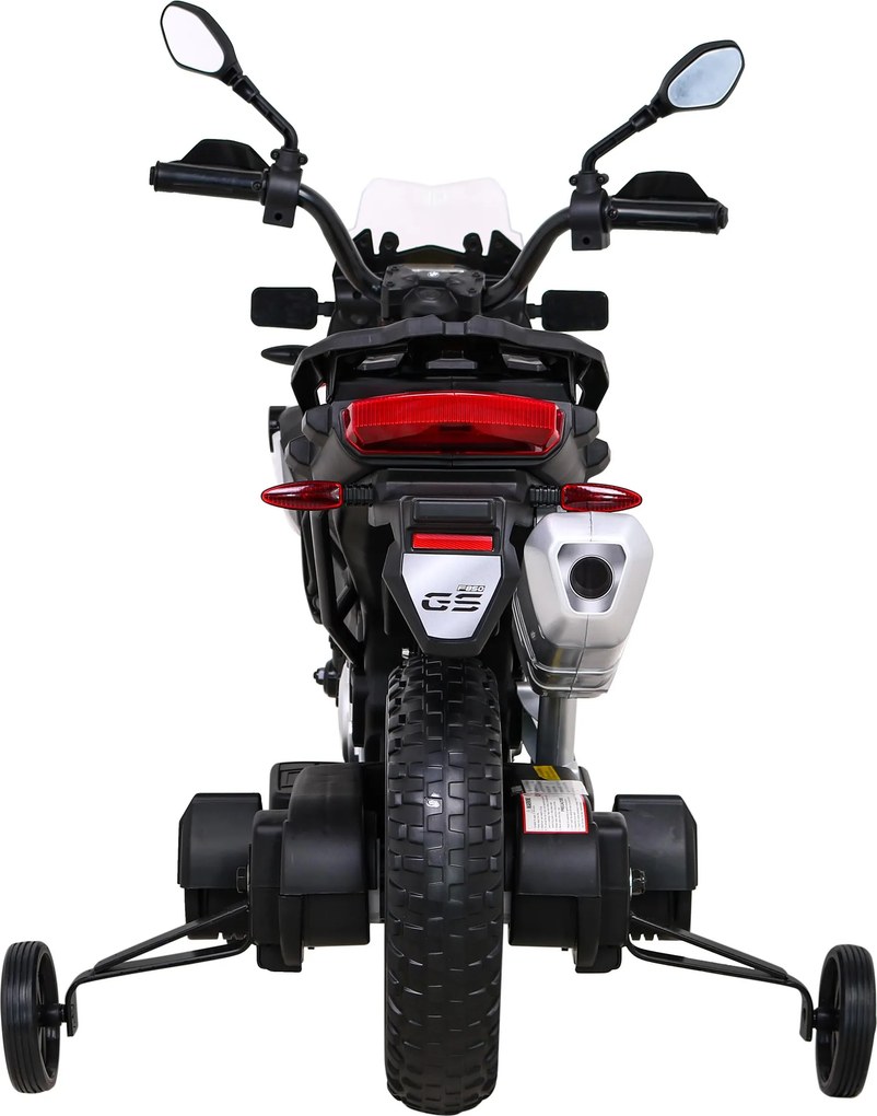 Ramiz Detský motocykel na batérie BMW F850 GS biely + pomocné kolieska + audio LED + pomalý štart + EVA
