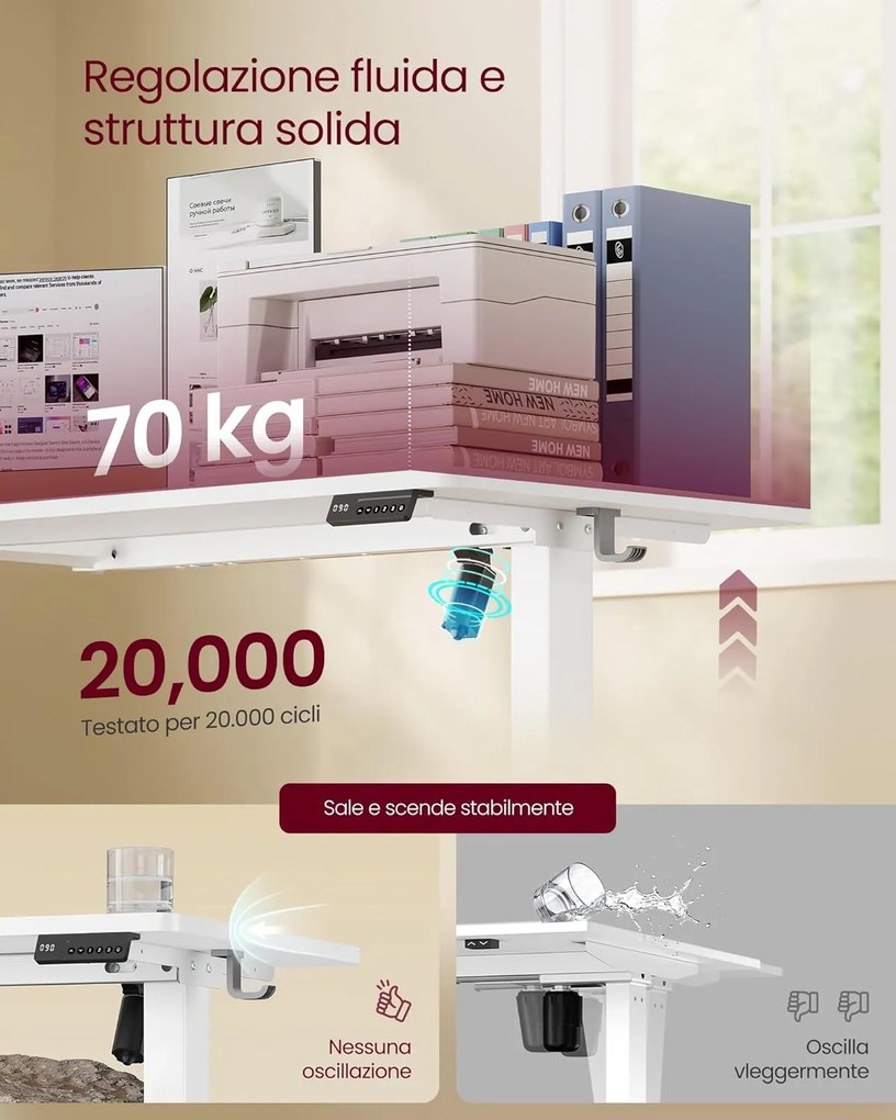 VASAGLE elektrický výškovo nastaviteľný písací stôl, 140 x 60 cm, biely