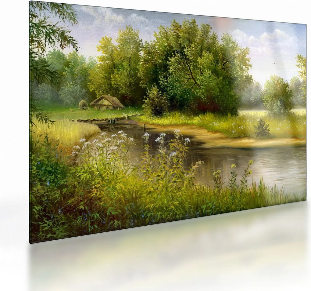 Sklenený obraz - Rieka pri lese, olejomaľba (70x50 cm)
