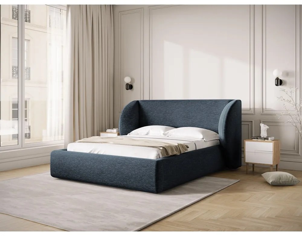 Tmavomodrá čalúnená dvojlôžková posteľ s úložným priestorom s roštom 200x200 cm Miley – Micadoni