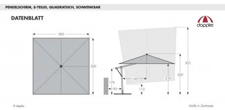 Doppler EXPERT 3 x 3 m – záhradný výkyvný slnečník s bočnou tyčou - 2. akosť (S231)