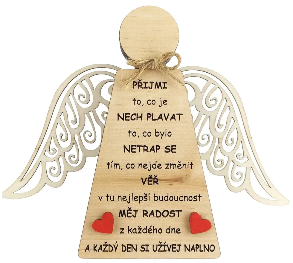 AMADEA Drevený anjel stojaci s krídlami a motivačným textom, masívne drevo, 18 x 15 cm