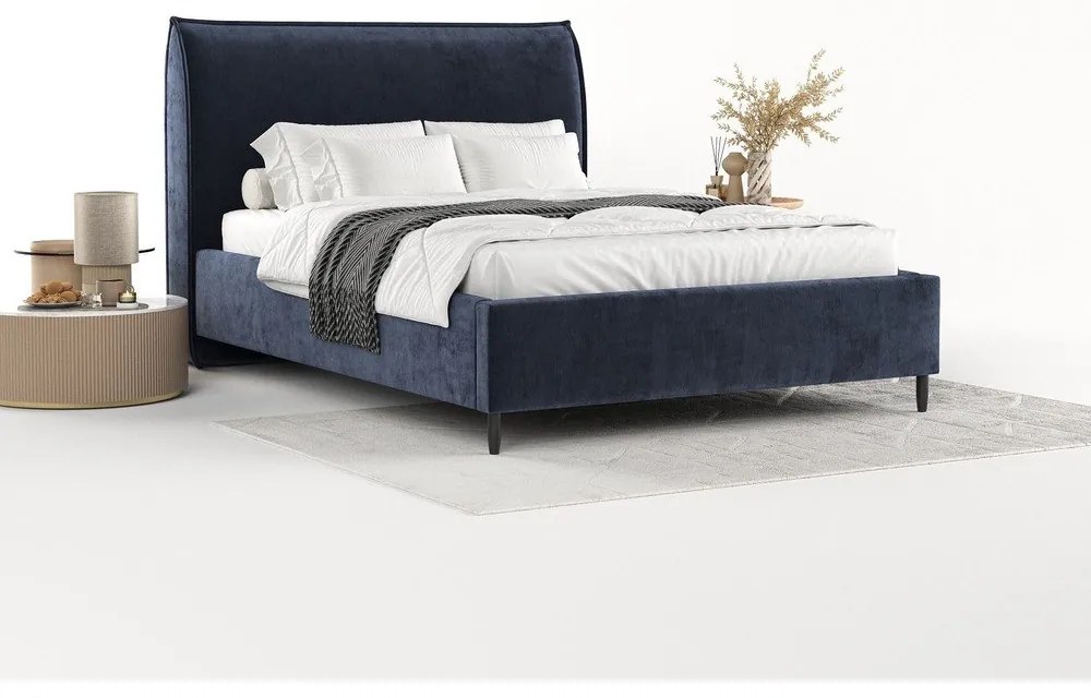 Tmavomodrá čalúnená dvojlôžková posteľ s úložným priestorom s roštom 160x200 cm Shell – Maison de Rêve