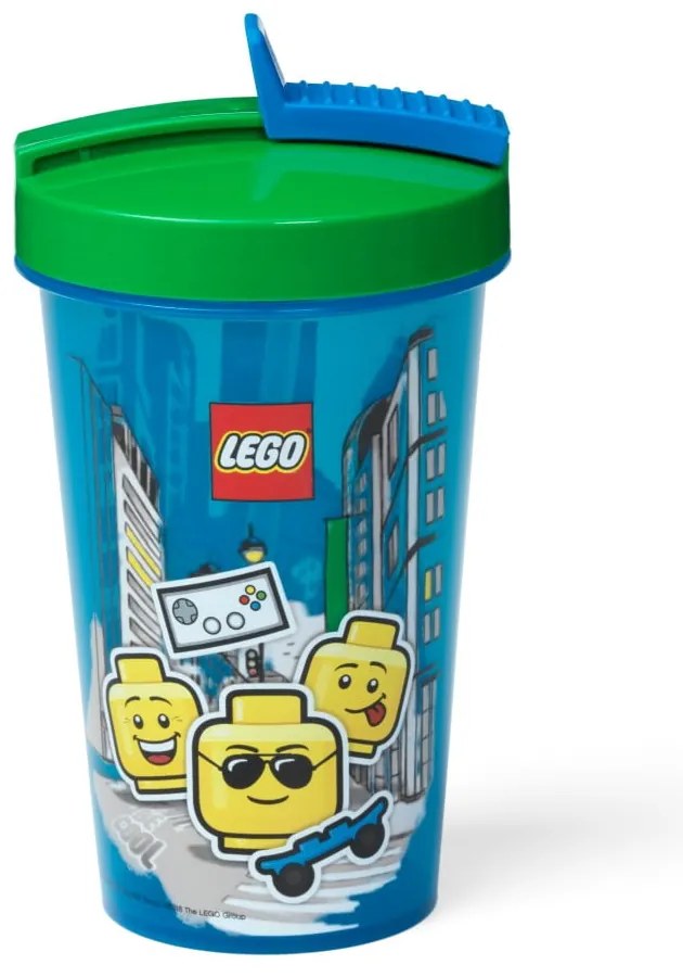 Modrý téglik so zeleným vekom a slamkou LEGO® Iconic, 500 ml