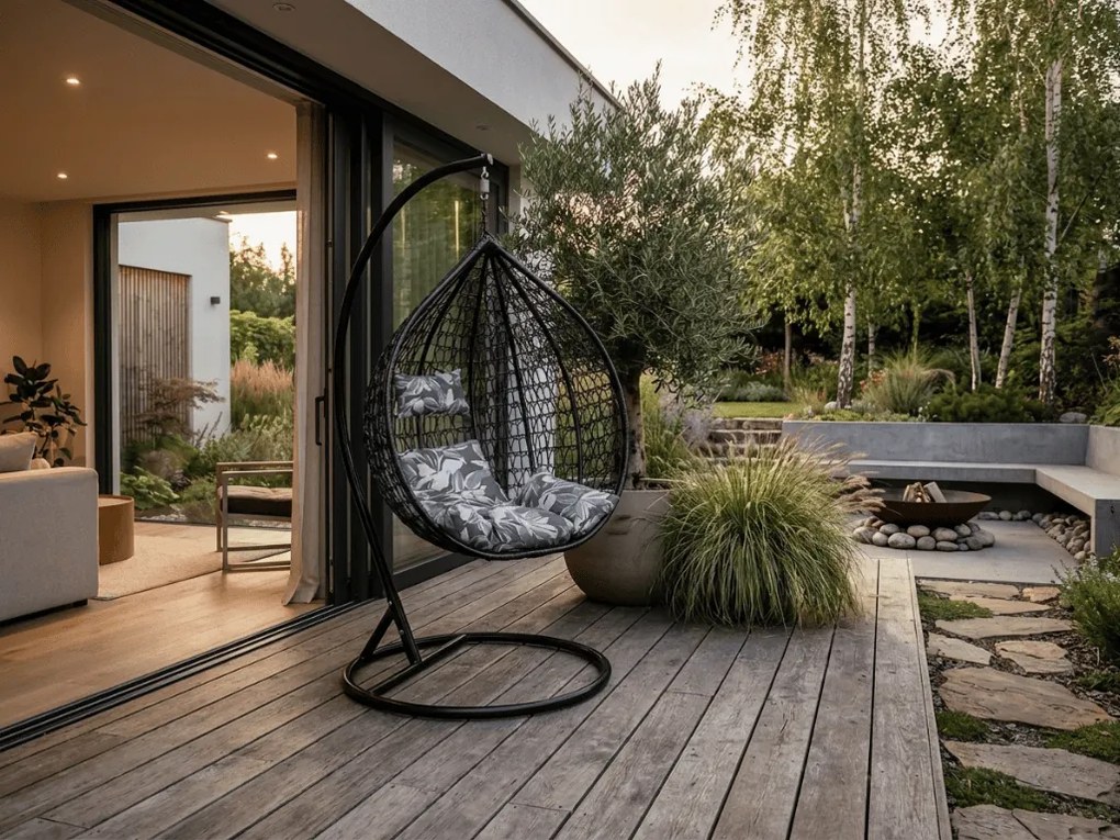 Čierne závesné kreslo KOKON so stojanom, zeleno-biely vankúš