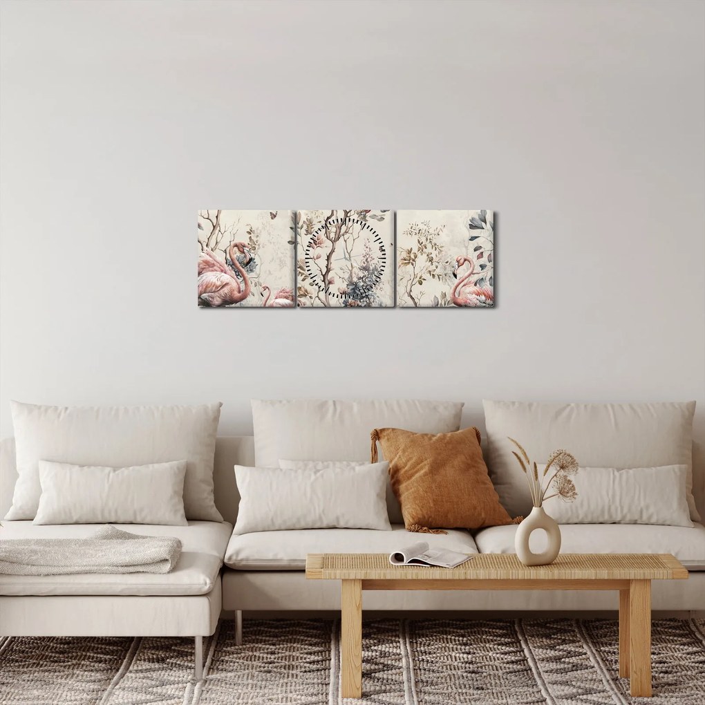 Obraz - Kresba plameniakov (s hodinami) (90x30 cm)