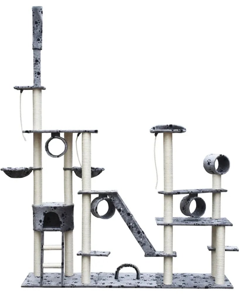 vidaXL Strom pre mačku Deluxe, 230-260 cm vysoký, sivý s potlačou labiek