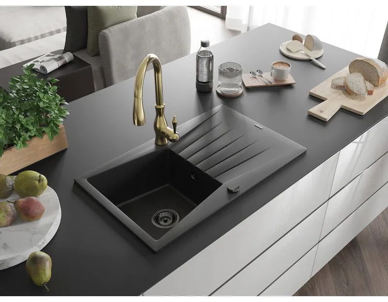 Mexen Cesar, 1-komorový granitový drez 775x470x190 mm a drezová batéria Savita, čierna, 6514-77-672601-50-B