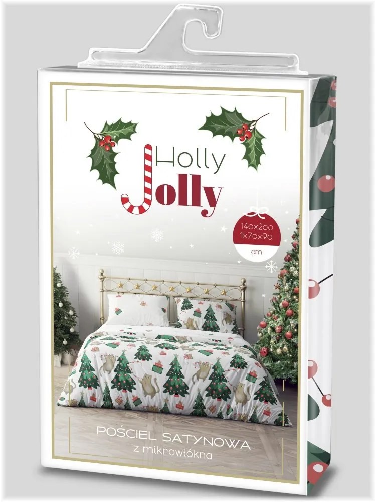 Vianočné saténové posteľné obliečky – motív Mačacie Vianoce - 70 x 90 cm + 140 x 200 cm