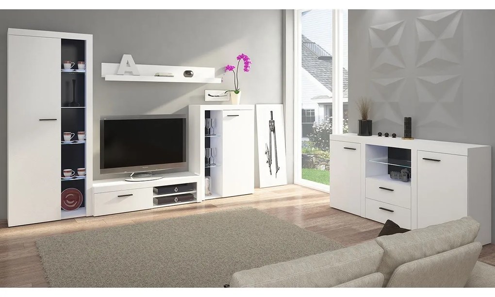 Obývacia stena Rodos s komodou, Farby: béžová piesková, Osvetlenie: bez osvetlenia