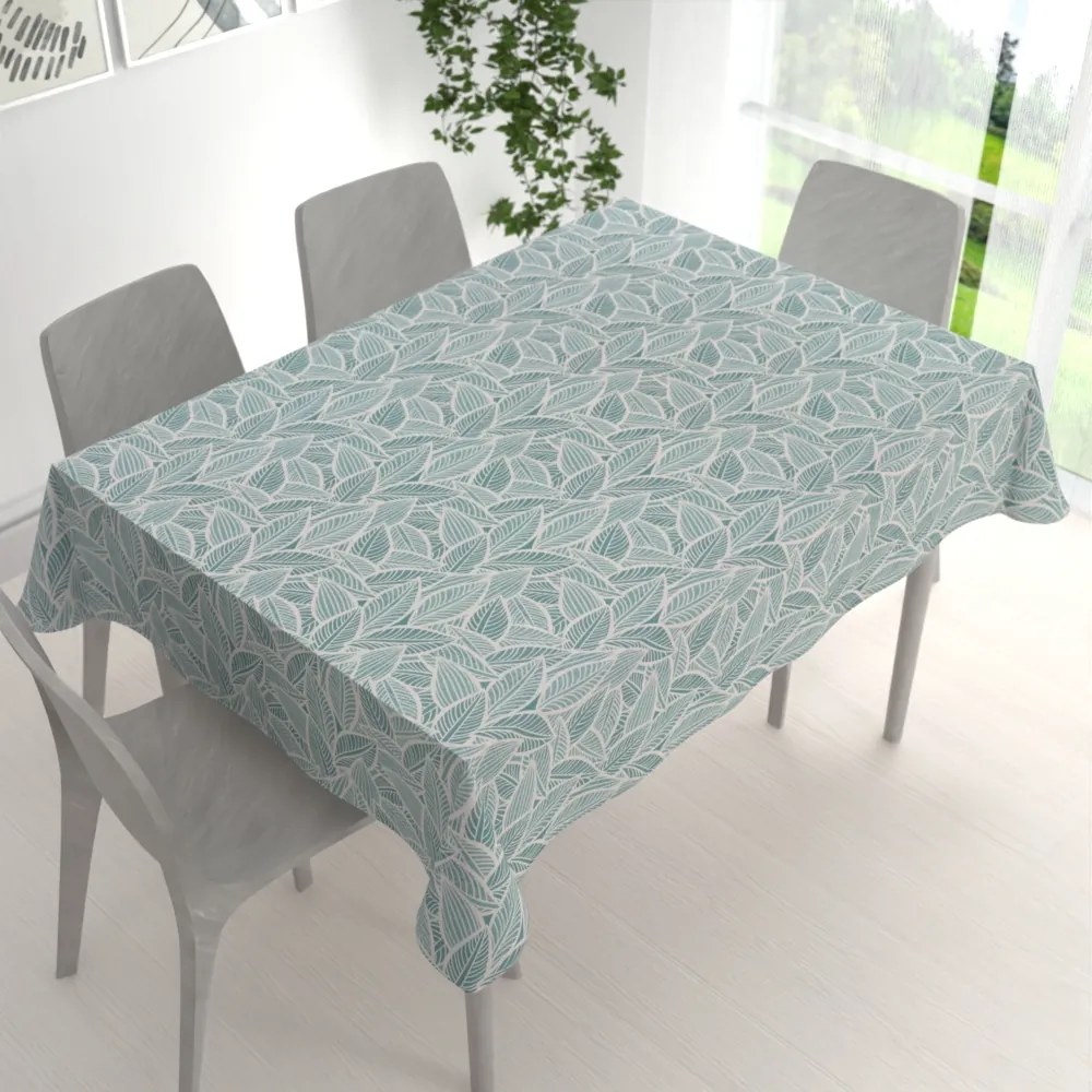 Biante Dekoračný obdĺžnikový obrus Leona LN-166 Biele listy na modrozelenom 130x160 cm
