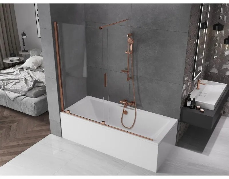 Mexen Velar, 2-krídlová posuvná vaňová zástena 170 x 150 cm, 8mm číre sklo, ružové zlato, 896-170-000-01-60