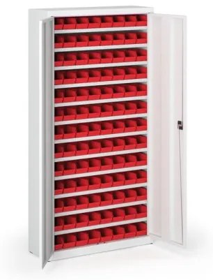 Skriňa s plastovými boxami BASIC - 1800 x 400 x 920 mm, 104xA, sivá / modré dvere