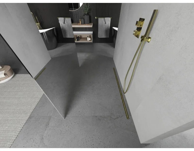 Mexen Kioto, priechodná sprchová zástena 100 x 200 cm, 8mm sklo vzor zrkadlo, 2x zlatá stabilizačná rozpera, 800-100-002-50-50