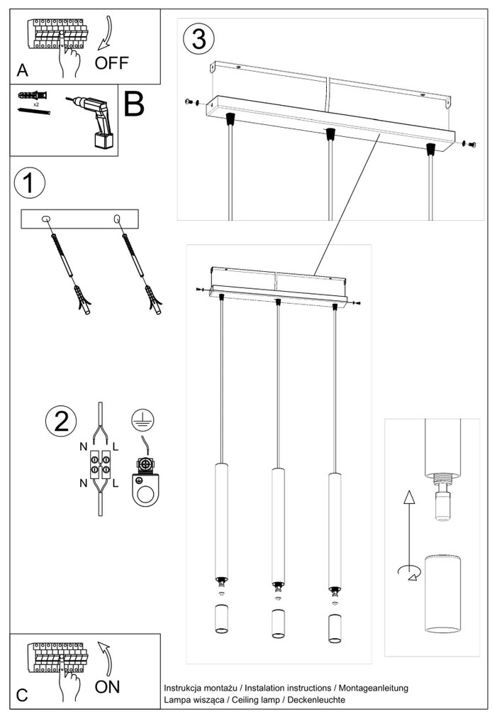 Závesné svietidlo Wezyr, 3x sklenené/biele kovové tienidlo