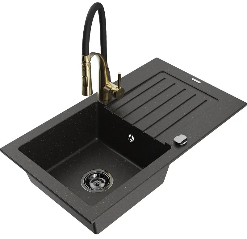Mexen Pablo, 1-komorový granitový drez 752x436x161 mm a drezová batéria Aster, čierna-zlatá metalíza, 6510-75-73450-57-B