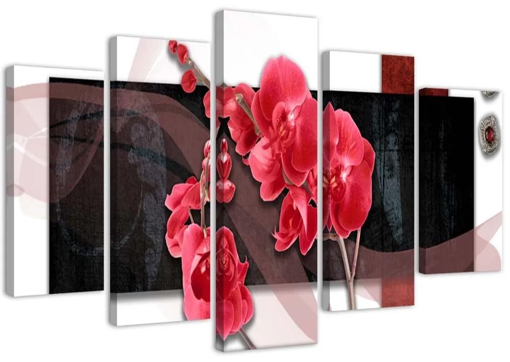 Obraz na plátně pětidílný Červená orchidej - 150x100 cm