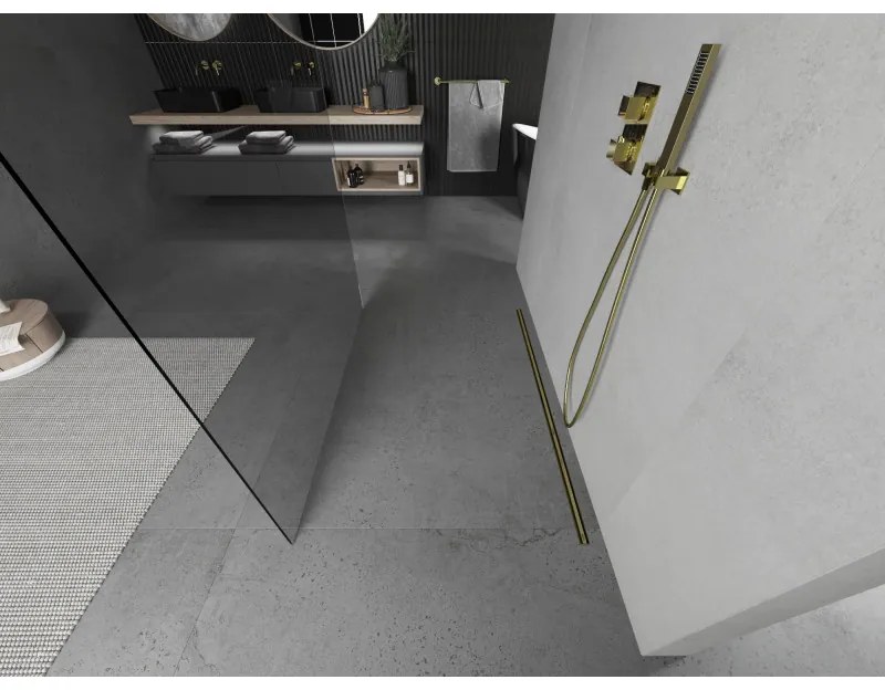 Mexen Kioto, sprchová zástena Walk-In 135 x 200 cm, 8mm číre sklo, zlatý lesklý profil, 800-135-002-50-00