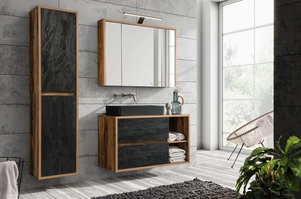 Kúpeľňová zostava Hampton betónová 100 cm so skrinkami, umývadlom a zrkadlom tmavý betón/dub v prevedení Hunton
