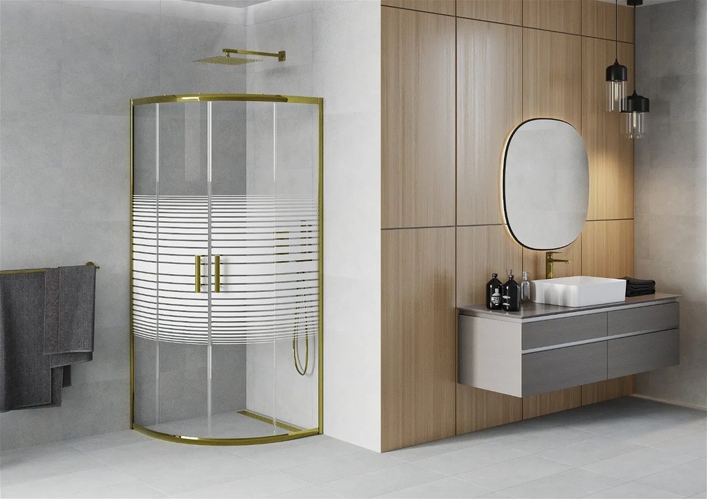 Mexen Rio, štvrťkruhový sprchovací kút 70(dvere)x70(dvere)x190 cm, 5mm číre sklo s pásikmi, zlatý profil, 863-070-070-50-20