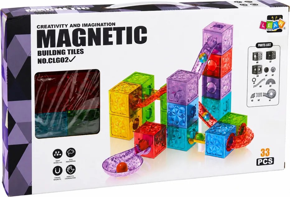 LEAN Toys Magnetické stavebné kocky – kocky, guľôčková dráha, farebné, 33 ks.