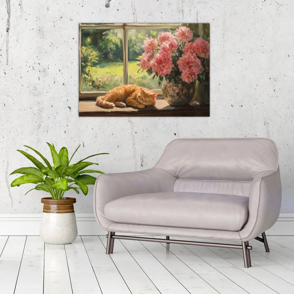 Sklenený obraz - Mačka na okne (70x50 cm)