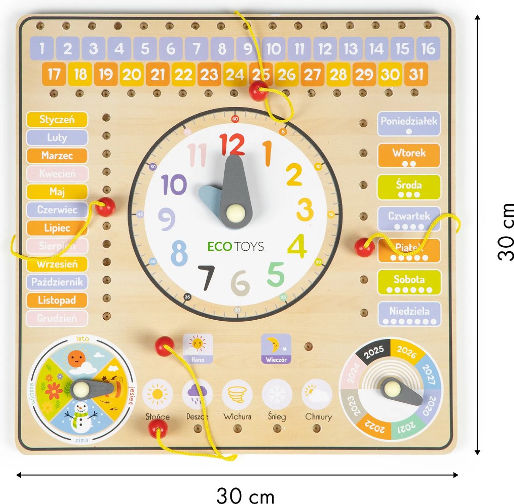 ECOTOYS Drevená edukačná tabuľa - kalendár a hodiny pre deti, dni a mesiace (poľské názvy)