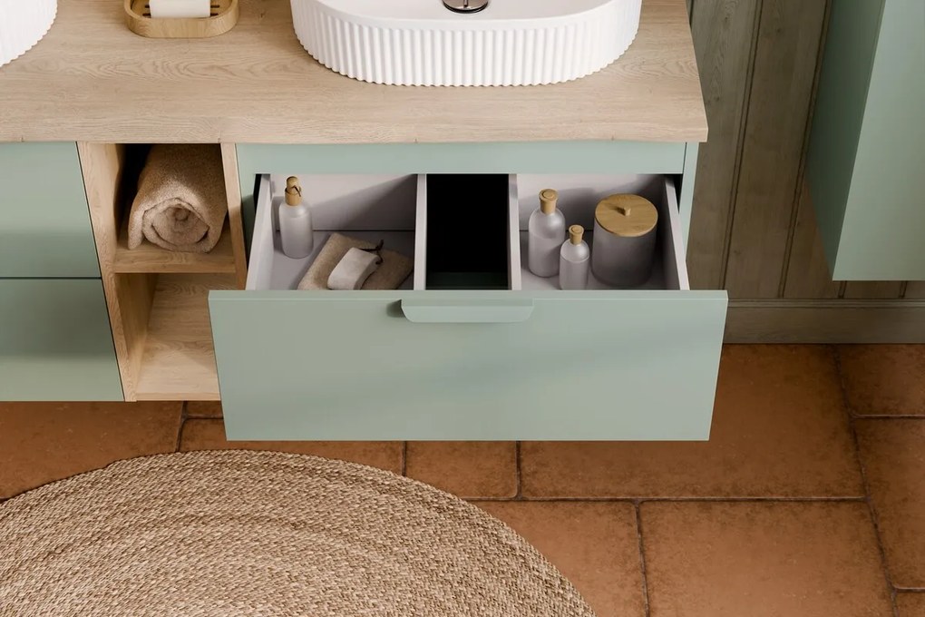 Závěsná skříňka Aster Smile s deskou a umyvadlem 60 cm zelená/dub cremona