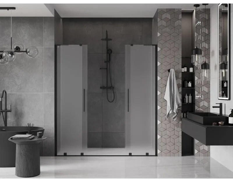Mexen Velar L Duo, posuvné sprchové dvere do otvoru 180 cm, 8mm sklo námraza, čierna matná, 871-180-003-32-70