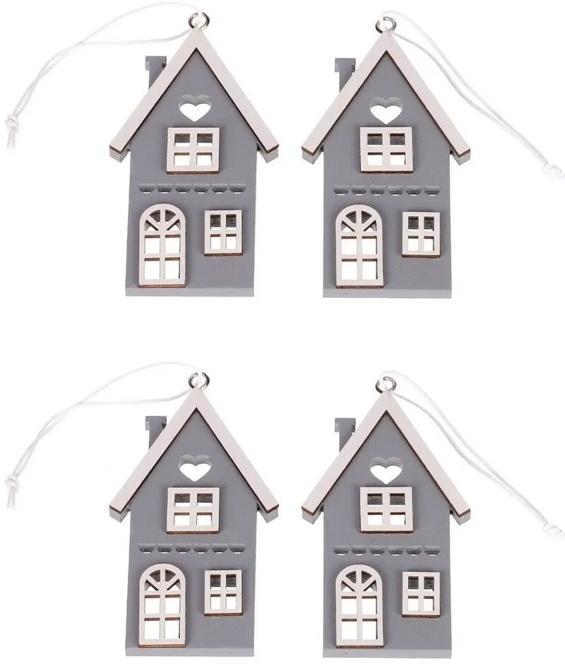 Závesný drevený domček, sivá, v. 9 cm, SET 4 KS
