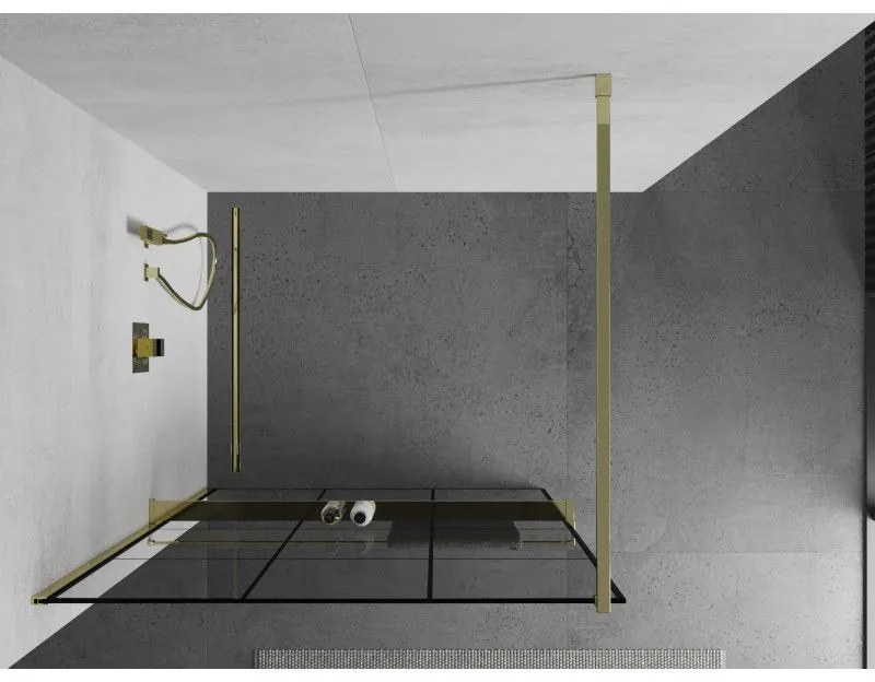 Mexen Kioto+, sprchová zástena s poličkou a držiakom na uteráky 120 x 200 cm, 8mm číre sklo vzor čierny, zlatý profil, 800-120-121-50-77