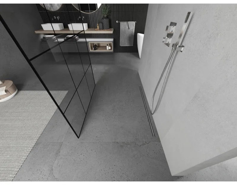 Mexen Kioto, priechodná sprchová zástena 100 x 200 cm, 8mm sklo číre/čierny vzor, 2x chrómová stabilizačná rozpera, 800-100-002-01-77