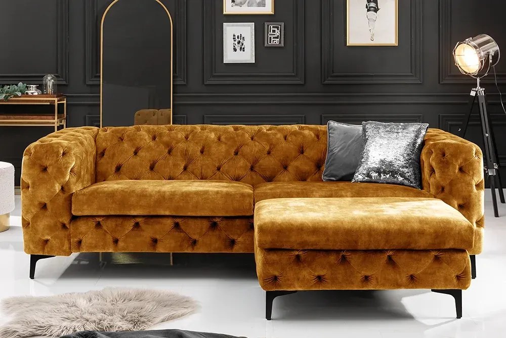 Invicta Interior - Elegantná 3-miestna pohovka Chesterfield MODERN BAROQUE 235 cm horčicovo žltá zamat