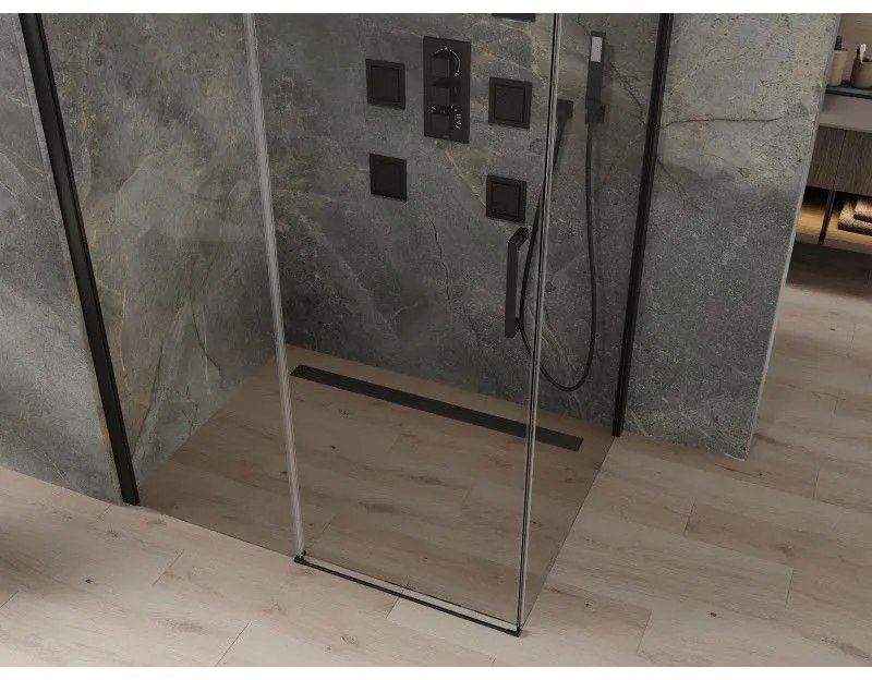Mexen Omega, sprchovací kút s posuvnými dverami 120 (dvere) x 80 (stena) cm, 8mm sklo, čierny profil-číre sklo, 825-120-080-70-00