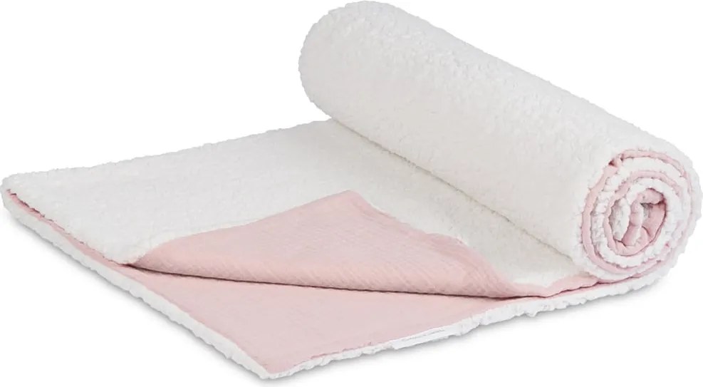 Obojstranný prehoz z mušelínu a umelej kožušiny ružová 100x135 cm