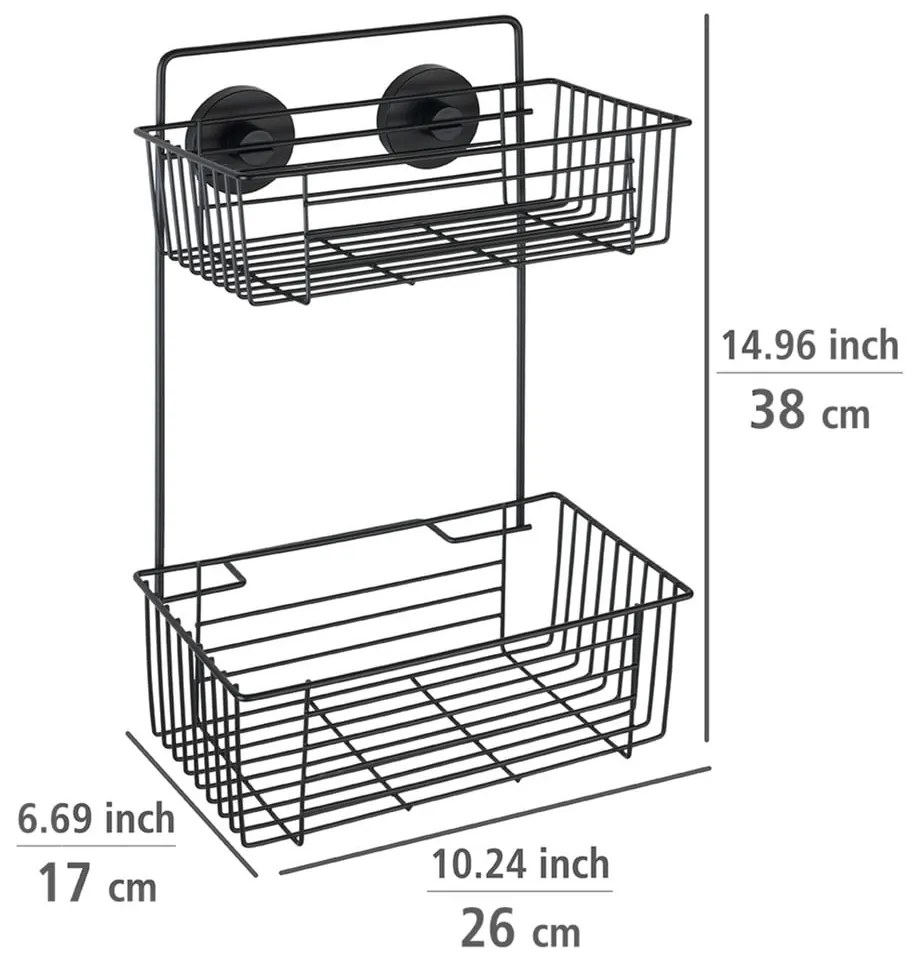 Čierna nástenná dvojposchodová polica do kúpeľne Wenko Vacuum-Loc® Pavia