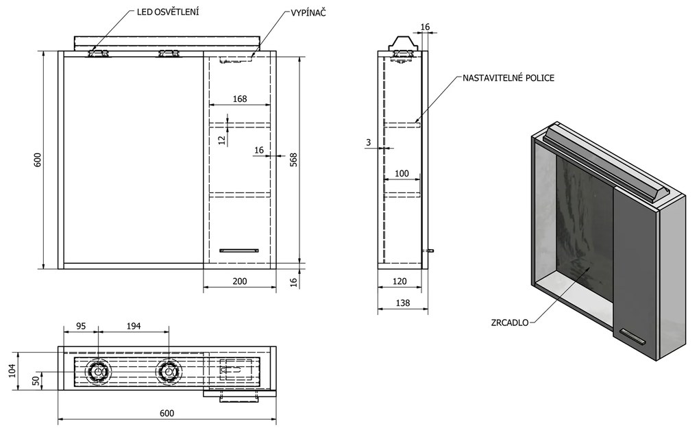 Aqualine, ZOJA/KERAMIA FRESH galérka s LED osvetlením, 60x60x14cm, pravá, dub platin, 45028