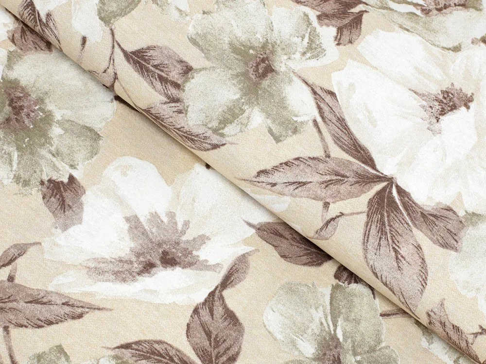 Biante Dekoračný oválny obrus Porto PRT-011 Hnedo-biele kvety na béžovom 130x220 cm